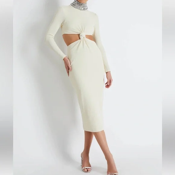 PatBO Cream Knit Midi Dress with Embellished Collar - Picture 7 of 7